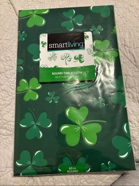 Smart Living Shamrock Round Tablecloth - Green Clover Print.  60 in. Reusable